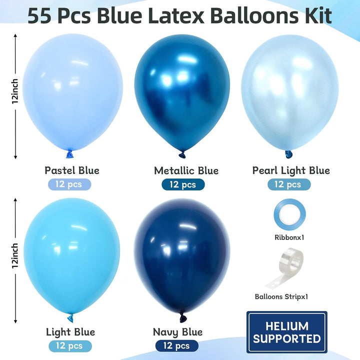 Assorted Blue Balloons Set, 60 Pcs Metallic Blue Balloons, Pearl, Navy, Light Blue, Baby Blue Balloon 12 Inch Latex Balloon for Boys Birthday Decoration, Baby Shower, Bridal Shower, Wedding