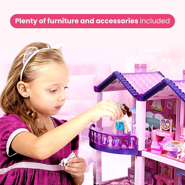 Dollhouse with 4 Princesses, 4 Unicorns, Dog, Furniture and Accessories - Pink and Purple Dream Doll House Toy for Little Girls - 5 Rooms W/Garden, Furniture and Accessories, Gift for Girls Ages 2-7