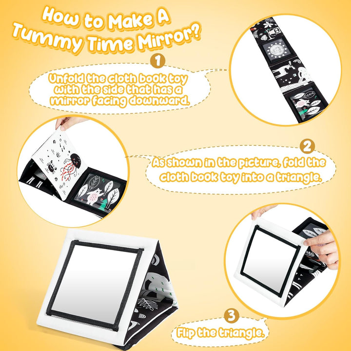 Tummy Time Mirror Toys, High Contrast Black and White Baby Toys for Newborn, Baby Boy Girl Gifts, Visual Stimulation Learning Activity Cards, Soft Baby Book, Montessori Infant Toys 0-12 Months