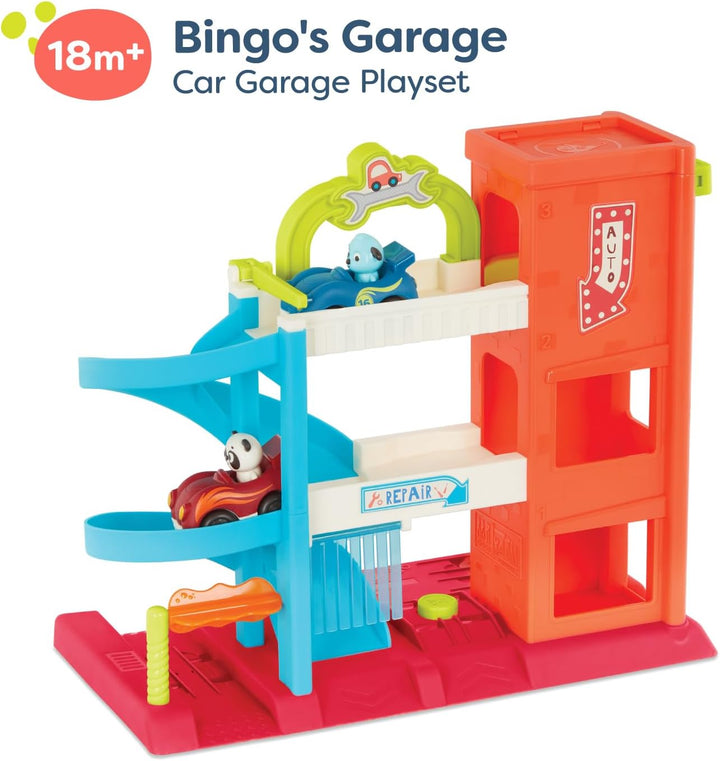 – Bingo’S Garage – Vehicle Playset Car Garage with Spiral Ramp – Working Elevator with 2 Toy Cars – 3 Floor Playset – 18+ Months