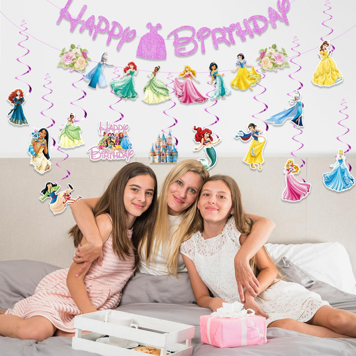 Princess Birthday Party Decorations Include 1Pc Glitter Happy Birthday Banner,1Pc Princess Banner and 14Pcs Cute Hanging Swirls for Girls, Pre-Assembled Party Decorations