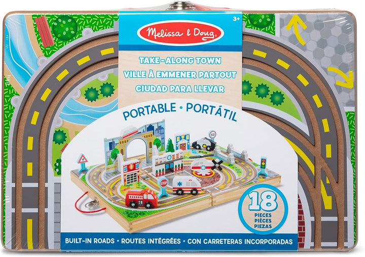 18-Piece Wooden Take-Along Tabletop Town, 4 Rescue Vehicles, Play Pieces, Bridge
