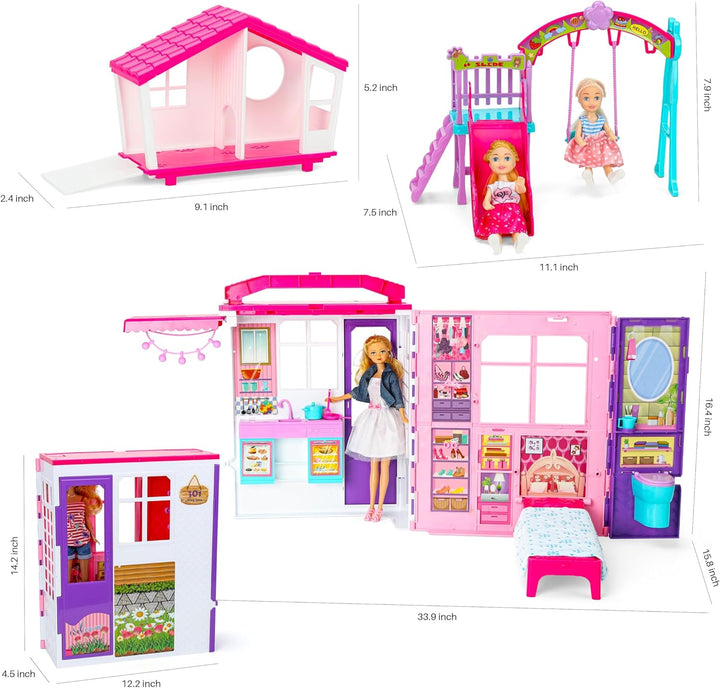 Doll House Portable & Foldable Dollhouse W/ 60+ Pcs & 2 Dolls, Play House Toy with Bedroom Bathroom Kitchen Furniture Playset, Playhouse Birthday Gift for Girl Kid Toddler