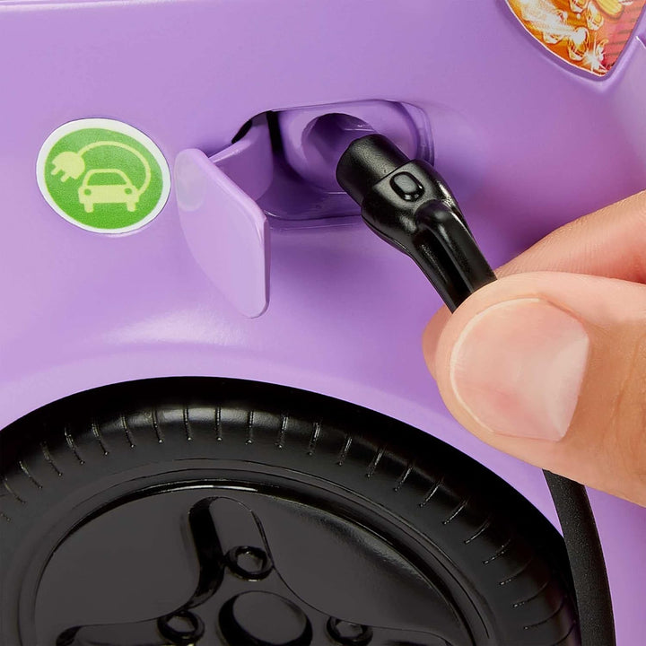 Doll Accessories, Toy Car Electric Vehicle with Charging Station, Plug & Sunroof, Purple 2-Seater Transforms into Convertible