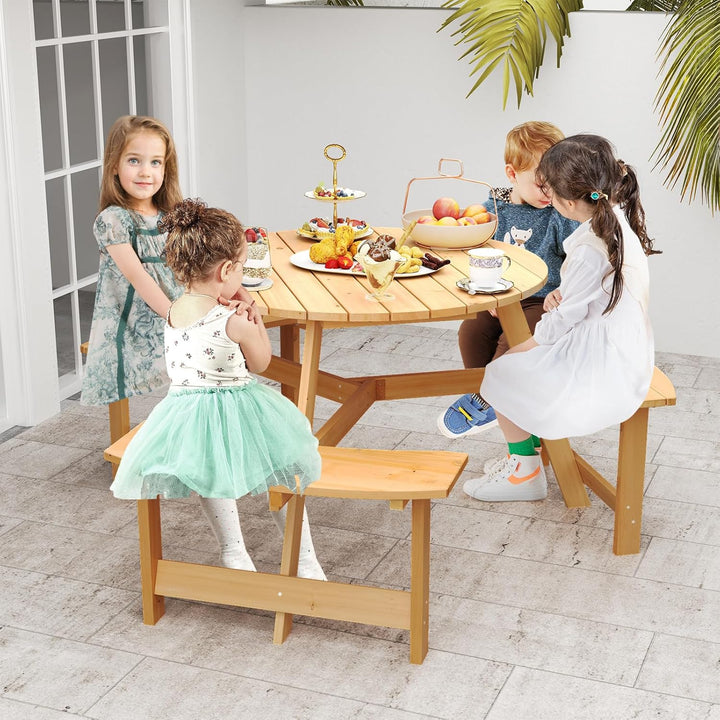 6 Person Kids Picnic Table, Fir Wood round Picnic Table with 3 Built-In Benches, Umbrella Hole, Kids Table and Chair Set for Outdoors, Backyard, Garden, Porch, Patio