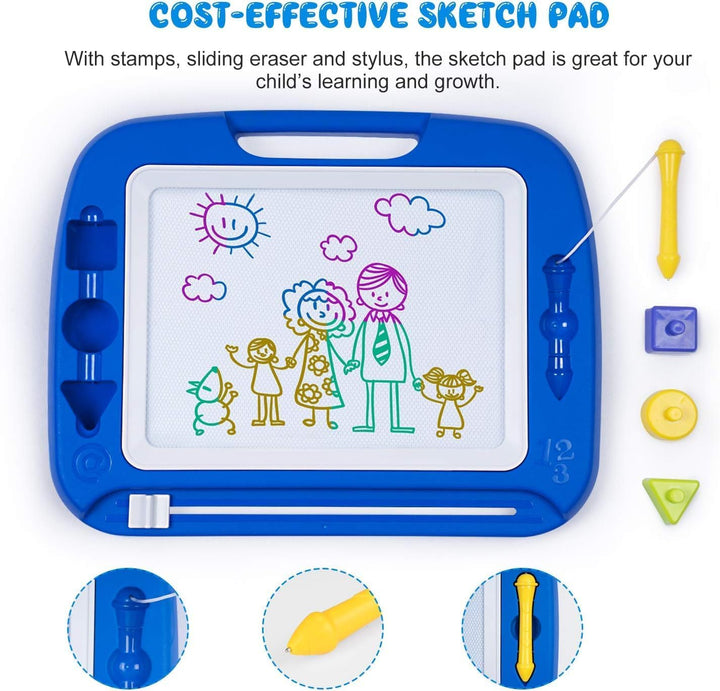 Large Magnetic Drawing Board - 4 Colors 16×13In Writing Painting Doodle Pad with 4 Stamps for Toddlers, Learning Educational Toy Etch Sketch Gift for 36+ Month Kids Girls Boys, Blue