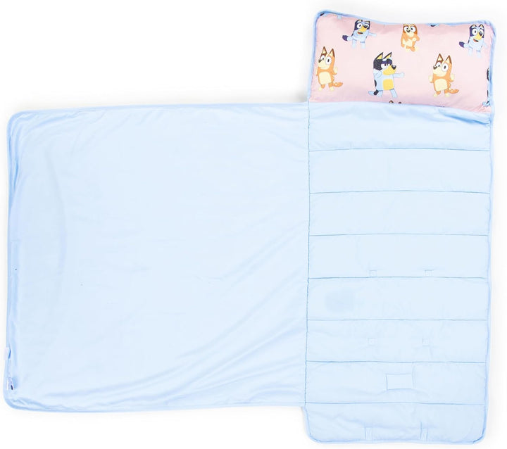 Toddler Nap Mat with Built-In Pillow and Blanket - Soft 46 X 20-Inch Microfiber Kids Sleeping Bag for School or Sleepover, Pink - Bluey & Bingo