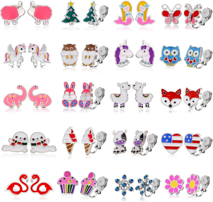 20 Pairs Kids Clip-On Earrings - Cute Animal Designs, Non-Pierced for Girls