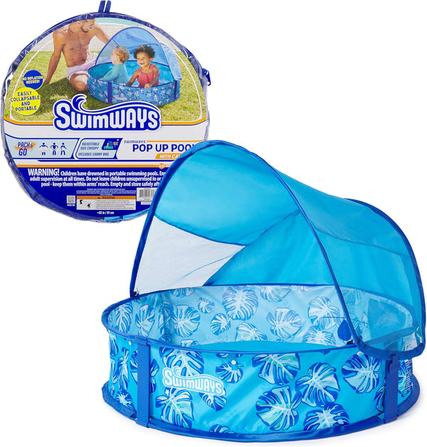 Elite Pop-Up above Ground Pool, Baby Pool with Canopy & Carrying Case, Foldable Kiddie Pool for Ages 9-24 Months, Measures 32", Blue