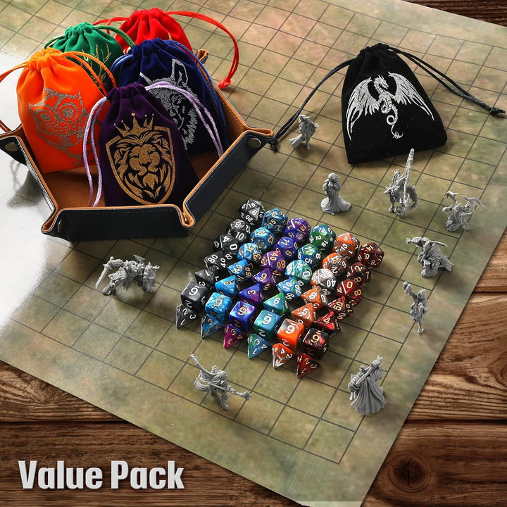 DND Dice Set, 42 Pcs Polyhedral Dice Set with 6 Colorful Animal Pattern Bag and PU Leather Velvet Tray for Dungeons Dragons D&D RPG MTG Table Games