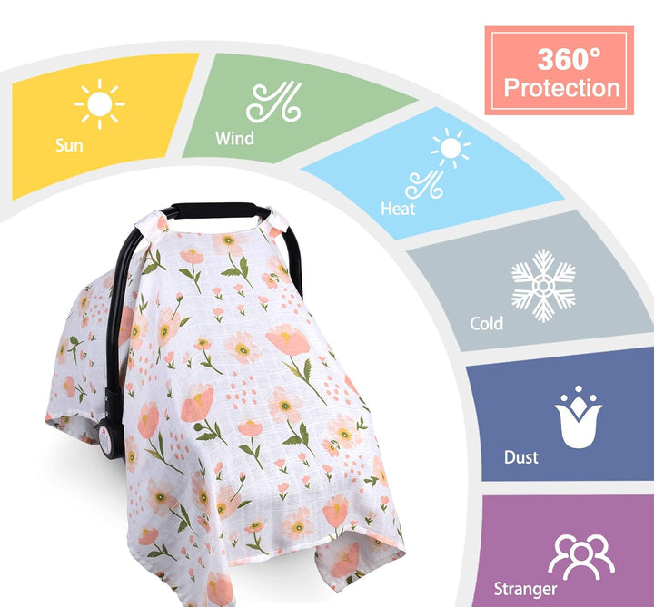 Muslin Carseat Cover for Babies,  Breathable Infant Carseat Cover Lightweight Baby Carrier Cover for Girls Boys, Fit Spring Summer/Hot Days/Warm Weather, Pink Floral