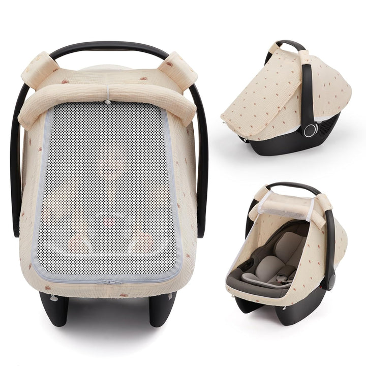 Baby Car Seat Cover, Extra Large Mesh Window, Breathable Muslin Cotton, Infant Windproof Canopy, Must-Have Baby Gift - Roman Green