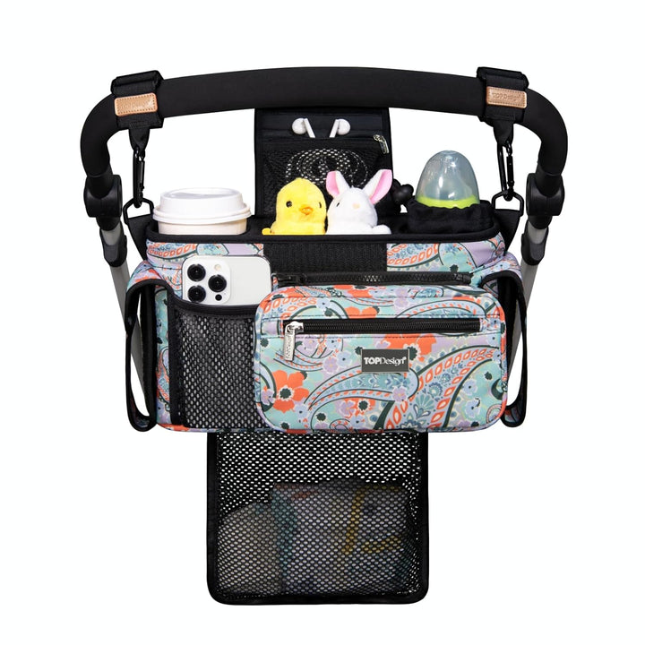 Universal Baby Stroller Organizer, Stroller Caddy with Detachable Mesh Bag & Heightened Insulated Cup Holders & Non-Slip Secure Hooks Accessories, Fits Most Strollers (Checkerboard)