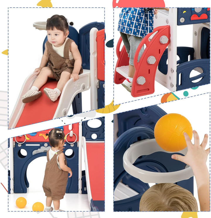 9-In-1 Castle Amusement Playground Playhouse, Indoor Outdoor Playset for Toddlers Age 1-3, Backyard Climber Play Set Slide for Kids Baby (Blue)