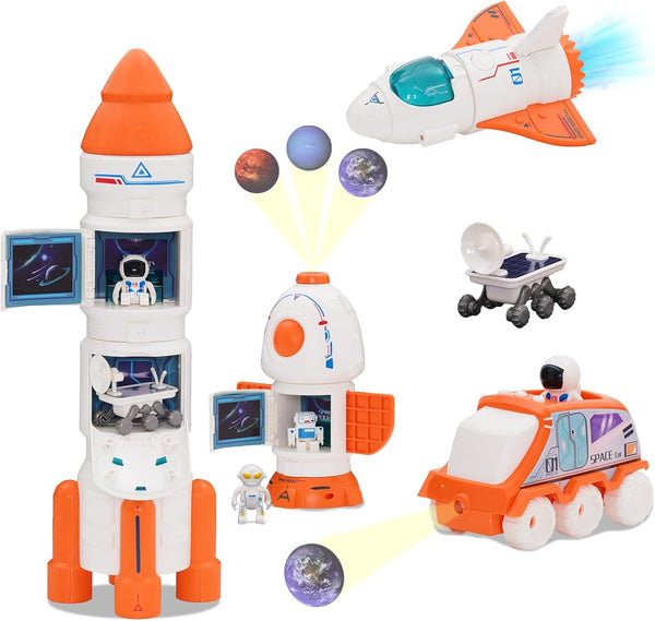 Spaceship Toy Set for Kids, Space Astronaut Play with Lights & Sound and Spray Effect, Interactive Toys, Rocketship Solar System Playset with Rocket Shuttle, Space Station, Space Rover (Orange)
