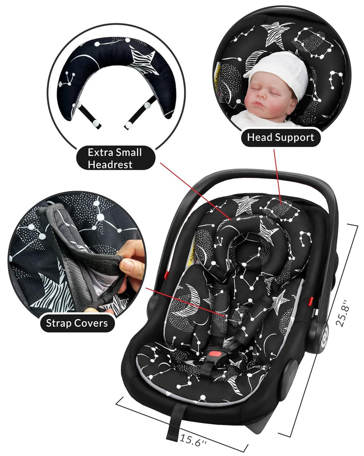 Infant Car Seat Insert with Extra Cushion for Preemie to Toddler, Reversible Newborn Carseat Insert Head Support, Fits for Stroller, Baby Swing, Rocker, Bassinets, Bouncer (Black Star)