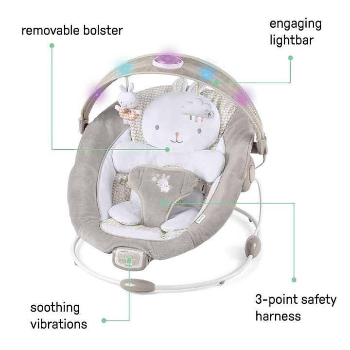 Inlighten Baby Bouncer Infant Seat with Light up -Toy Bar, Vibrations, Tummy Time Pillow & Sounds, 0-6 Months up to 20 Lbs (Twinkle Tails Bunny)