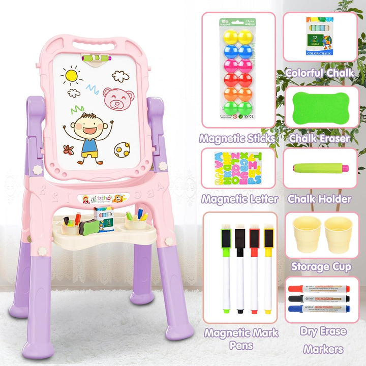 Easel for Kids, Adjustable Standing Art Easel for Toddler, Double Side White Chalk Board with Painting Accessories, Birthday Christmas Gift for Little Girls and Boy Age 3 4 5, Pink