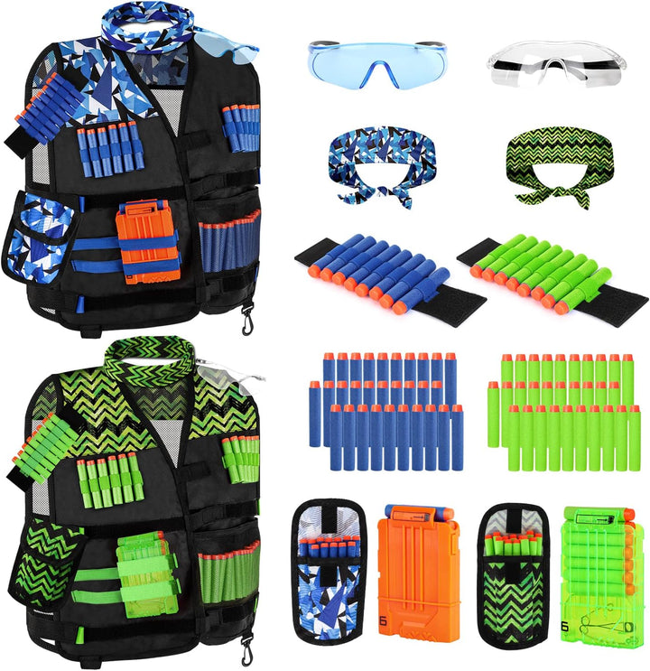 2PACK Kids Tactical Vest Kit for Nerf Guns N-Strike Elite Series for Boys Girls, with 60 Refill Darts, Dart Pouch, Tactical Mask, Reload Clips, Protective Glasses (Blue+Green)