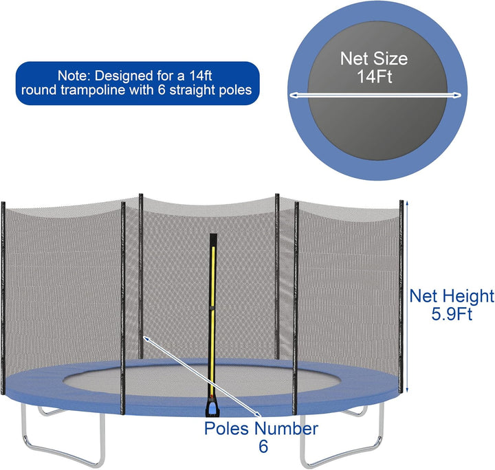 Trampoline Replacement Net 14Ft Trampoline Safety Enclosure Net with Solar Rope Lights Breathable Weather Resistant Trampoline Net for round Frame