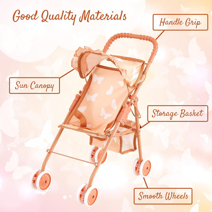 My First Baby Doll Stroller for Toddlers 3 Year Old Girls, Little Kids | Folding Baby Stroller for Dolls, Toy Stroller for Baby Dolls with Bottom Storage Basket, Foldable Frame, Canopy, Seatbelt