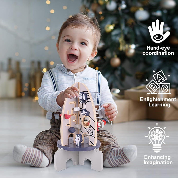 Space Wooden Activity Cube Toys for Baby, Montessoritoys for 1 Year Old Boy & Girl Birthday Gifts, Sensory and Educational 1St Birthday Gifts, Busy Board Toys for Baby Boy 6-18 Months (Rocket)