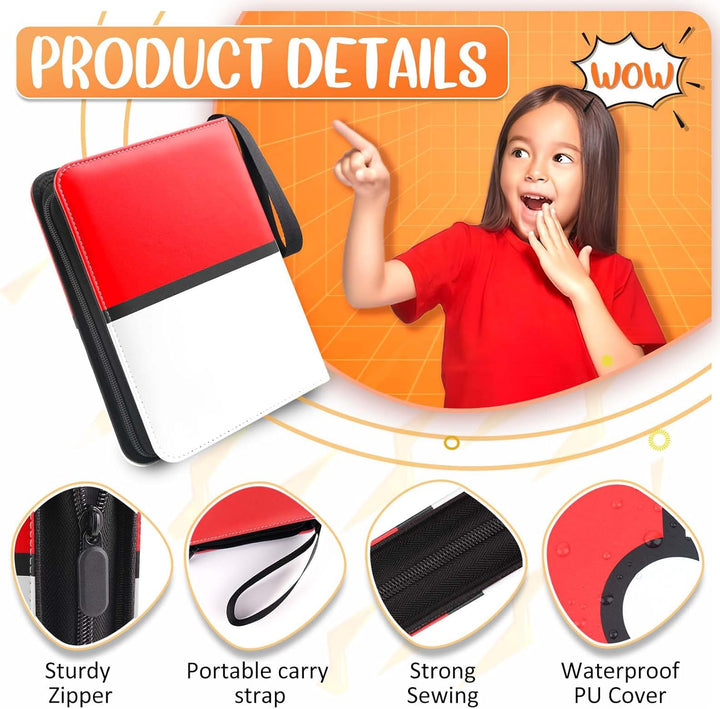 Card Binder 4 Pocket, Trading Card Holder Fits 400 Cards with 50 Removable Sleeves, Portable Collection Card Ablum, Game Card Case Book with Zipper for Gift, Red