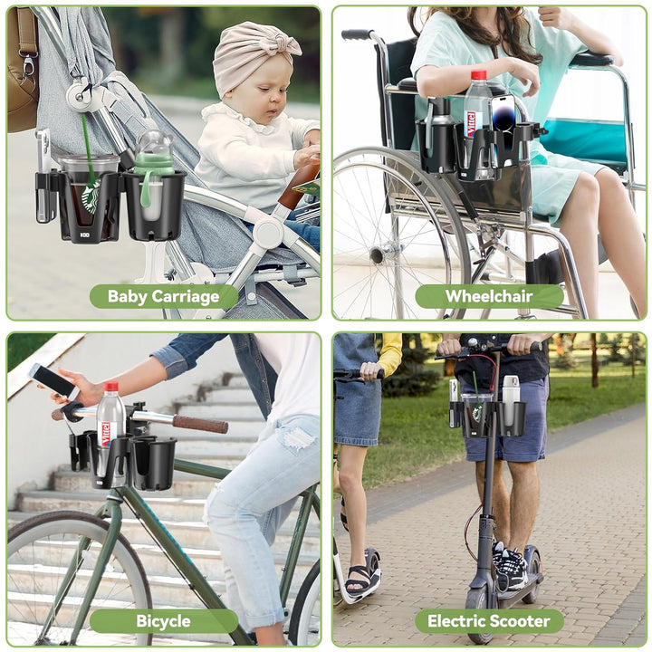 Stroller Cup Holder with Phone Holder, 3-In-1 Removable Bottle Holder, 360 Degrees Rotation Drink Holder for Wheelchair, Stroller, Bike, Walker, Scooter, Bicycle, Uppababy, Bugaboo, Britax