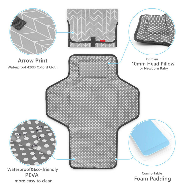 Portable Changing Pad for Baby, Waterproof Travel Changing Pads for Moms, Dads, with Built-In Pillow, Excellent Baby Shower, Registry Gifts