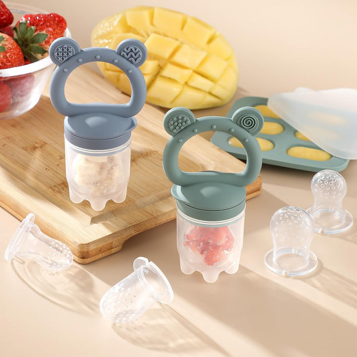 2 Pack Silicone Baby Fruit Feeder with Mini Freezer Tray, Baby Teethers, Breastmilk Popsicle Molds for Baby Teething Relief, Fresh Food Feeder for Safe Infant Self Feeding, Extra Food Pouches