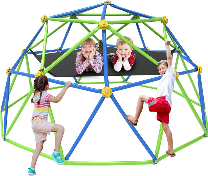 10FT Climbing Dome with Hammock, Outdoor Jungle Gym for Kids, Geometric Dome Climber Supporting 880 Lbs Anti-Rust Metal Outdoor Play Structure ASTM Approved Blue & Green