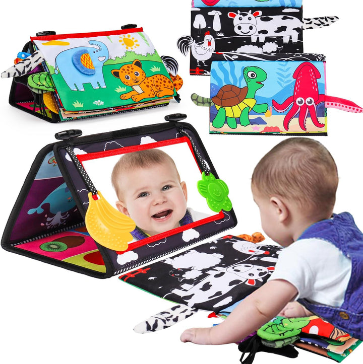 Baby Mirror Tummy Time Toys 0-6 Months with Crinkle Cloth Books Infant High Contrast Newborn Sensory Black and White Toy for 0-3 4 5 6 Months Must Haves Babies 3-6 6-12 Month Boys Girls Shower Gifts