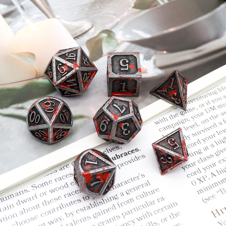 Bloodstained Metal DND Dice Set Blood Polyhedral D&D Dice Compatible with Dungeons and Dragons Gift TTRPG Antique Metal Halloween Dice
