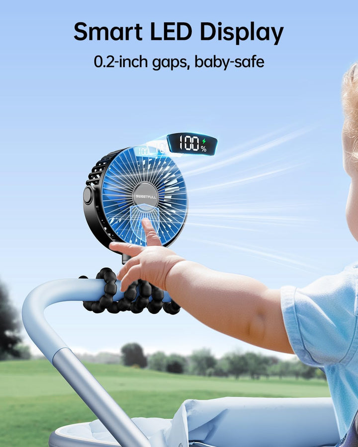Portable Stroller Fan with Display 4000Mah Battery Powered Mini Clip on Fan, 4-Speed Rechargeable Small Personal Cooling for Baby Car Seat Crib Travel - Black