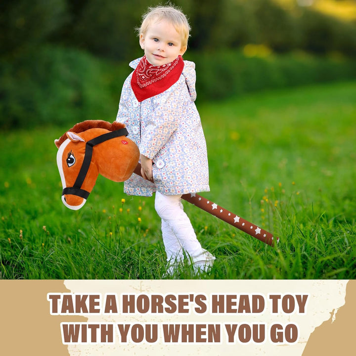 8 Pcs Light Brown Horse Stick with Sound Red Bandana Set 27.6'' Toys Stick Horse Western Cowboy Bandana Horse Head Stick with Neighing Sound for Boys Girls Fun Pretend Games Son Daughter