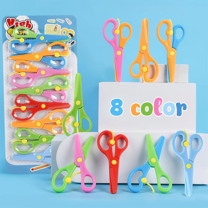 Kids Safety Scissors, 8 PCS Blunt Tip Scissor Skills Preschool Training for Kids & Children, Anti-Pinch Design, Child Hand-Eye Coordination Development, Playdough Tools Cutting Activity