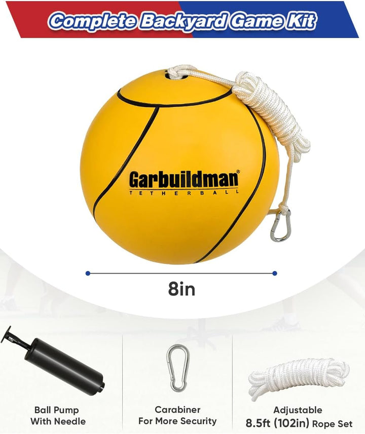 8" Regulation Sized Tetherball, Rubber Tether Balls and Rope Set for Outdoor Backyard Game, Portable Replacement Tether Ball with Carabiner, Ball Pump for Kids Adults & Dogs