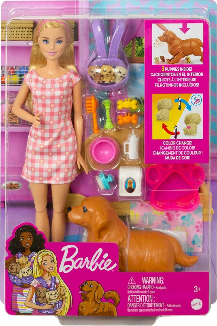 Doll & Pets Set, Blonde with Mommy Dog, 3 Newborn Puppies with Color-Change Feature & Pet Accessories