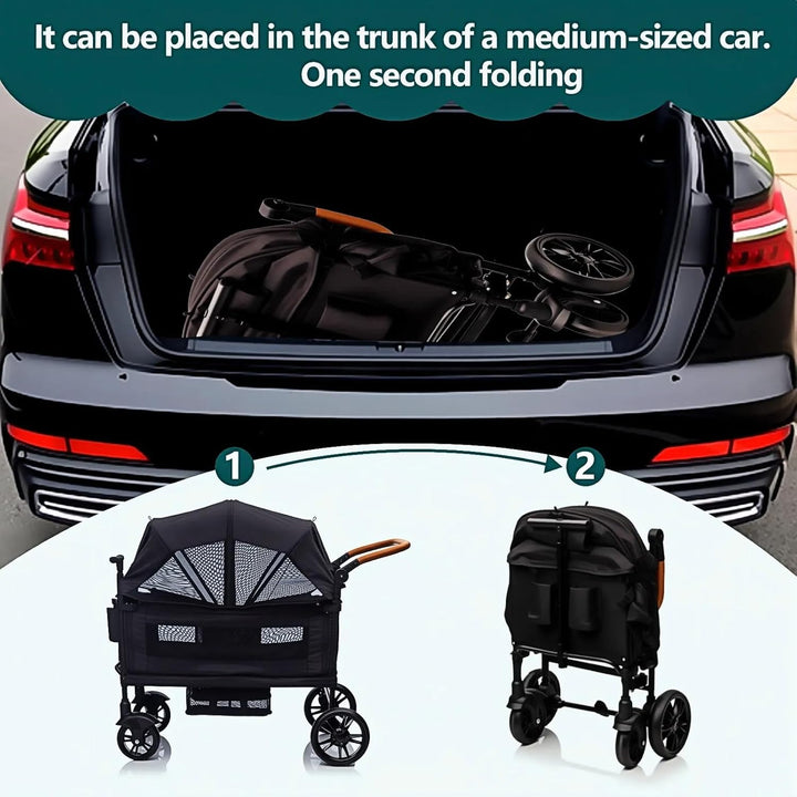 Wagon Stroller for 2 Kids & Cargo-Travel Stroller Push-Pull Double Wagon Lightweight Folding Stroller for Newborn&Toddler with 5-Point Harness,Adjustable Handle Bar and Canopy,Tray Table,Cup Holder