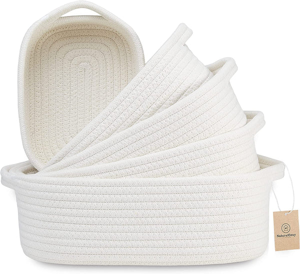 5-Piece Rectangle Storage Basket Set- Natural Cotton Rope Woven for Organizing! Small Basket for Montessori, Baby Nursery, Dog Toy Baskets, Cat Toy Box, Bathroom Organization Bin