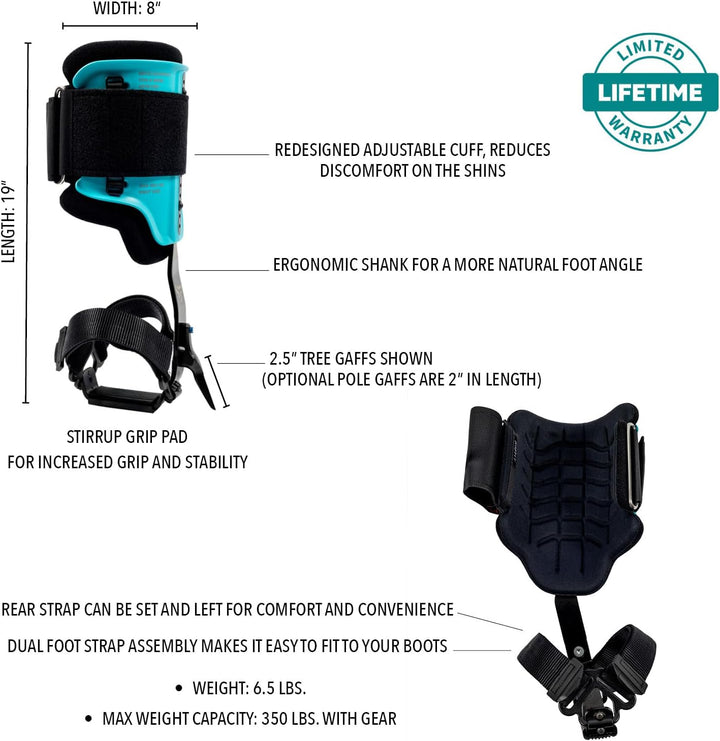 Ergo Steel Climbers Ergonomic Gaffs 20+ Cuff Adjustment Points, Stirrup Grip Pad, Dual Foot Strap Assembly, Redesigned Cuff, 350 Lbs. Total Weight Limit