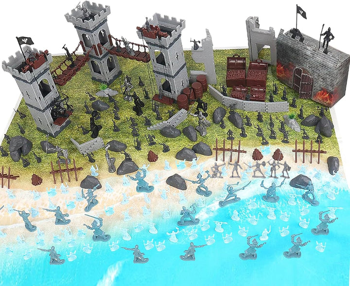 Army Men Action Figures Toy Soldiers Set, Medieval Castle Small Soldiers Military Toy, Plastic Army Men Playset Castle Building Set with Storage Bag and Map