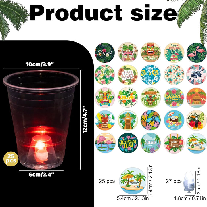25 Light up Luau Cups for Hawaiian Moana Birthday Party Decorations - 16 OZ Glow in the Dark Plastic Tiki Party Cups for Tropical Aloha Luau Party Decor Supplies