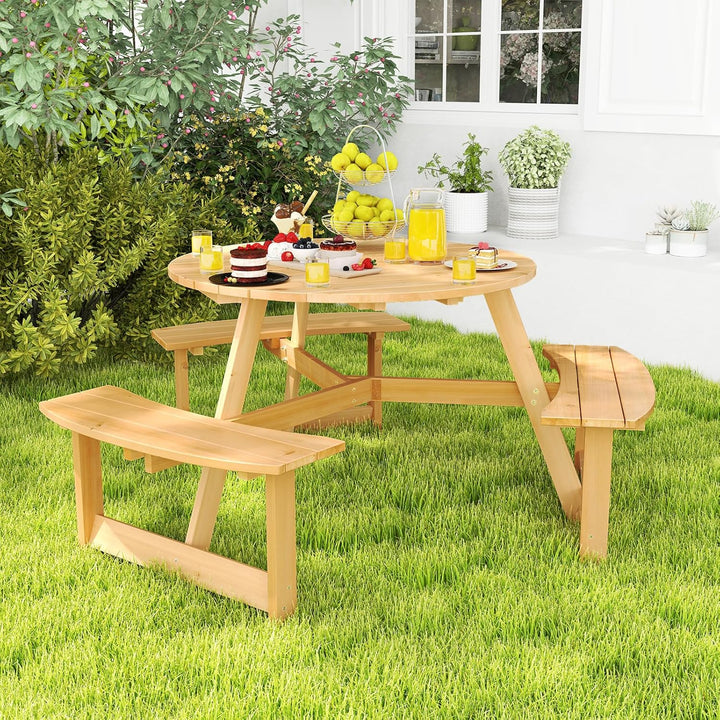 6 Person Kids Picnic Table, Fir Wood round Picnic Table with 3 Built-In Benches, Umbrella Hole, Kids Table and Chair Set for Outdoors, Backyard, Garden, Porch, Patio