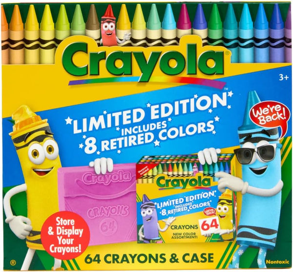 Crayon Box (64 Count), with Limited Edition Colors & Plastic Case, Arts & Crafts Coloring Supplies for Kids, Back to School Essentials, Ages 3+