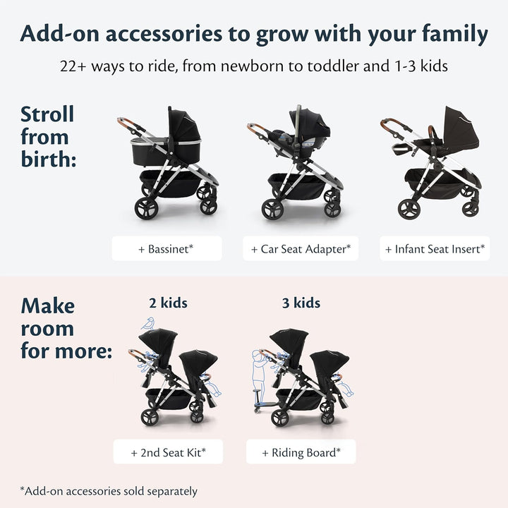 Single-To-Double Stroller 2.0 - Modular Full-Size Baby Stroller for 1, 2 or 3 Kids - Includes Cup Holder - Black