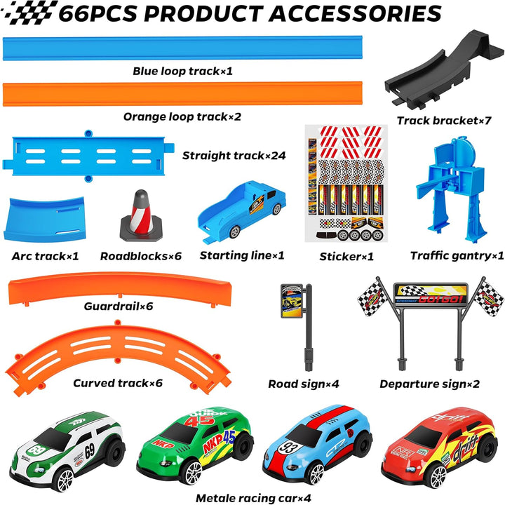 ‌Slot Car Race Track Sets with 360° Thrill Loops & 4 High-Speed Cars, 64 Pcs Large Flexible Racing Track for Kids Ages 3-5 4-8 8-12, Race Car Toys Gift for Boys Girls Birthday Christmas