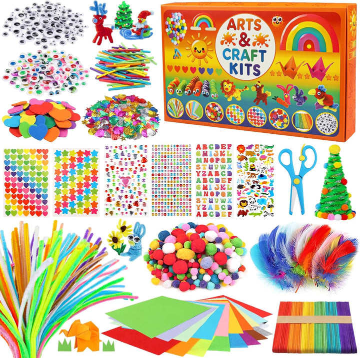 Pipe Cleaners Craft Supplies, 1500+Pcs Arts and Crafts Supplies Including Pipe Cleaner Wiggle Googly Eyes Pom Poms Feathers Sticks Sequins Foam Flowers Papers Felt Stickers