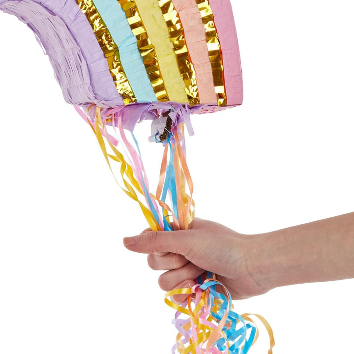 Rainbow Pull String Pinata for Pastel Birthday Decorations, Gender Reveal Party Supplies, and Birthday Party (Small, 16.5 X 10 X 3 In)