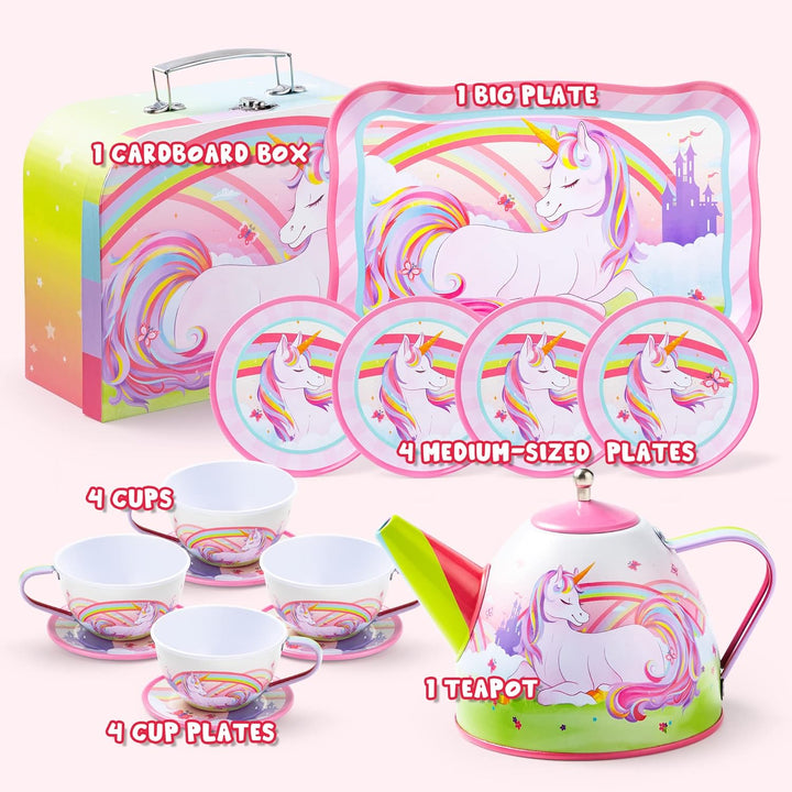 Unicorn Tea Set for Toddlers Tea Party Set for Children Kids Pretend Role Play Tin Teapot Set with Cups, Plates and Carrying Case Kitchen Toy for Little Girls Birthday Gifts Age 3 4 5 6